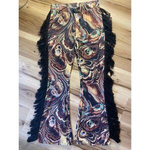 Fashion Nova All At Once Fringe Flare Pants Black Psychedelic Marble L NWT